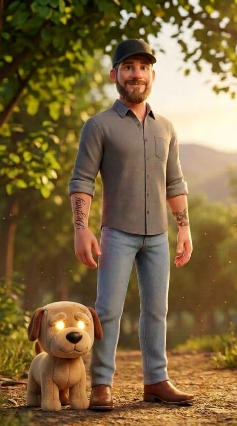 Cartoon of Nathan in a cap and work shirt with Diesel, a plush dog